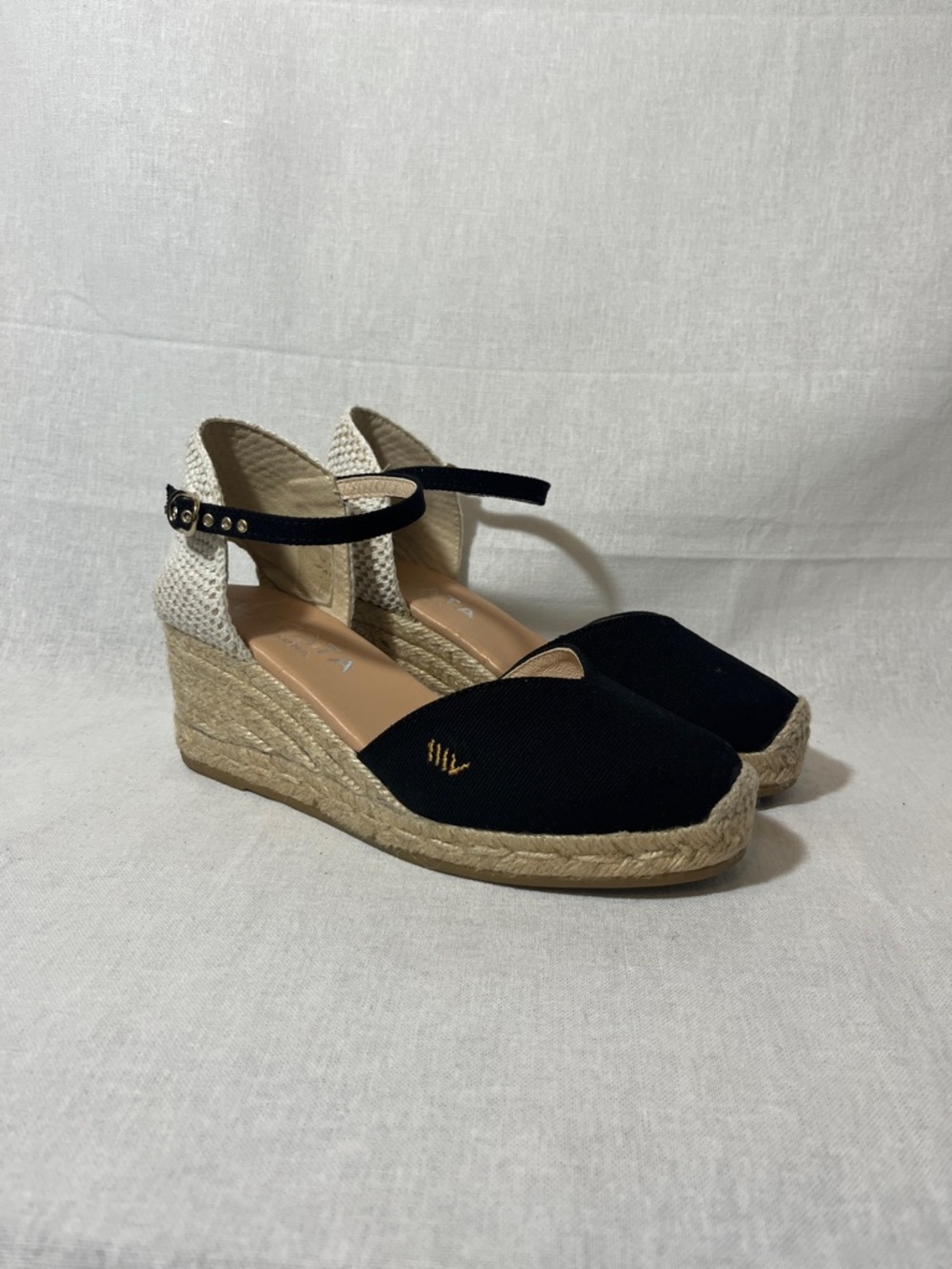 Viscata Barcelona Reus Canvas Espadrille Wedge Ankle Strap Sandals Black Size 7